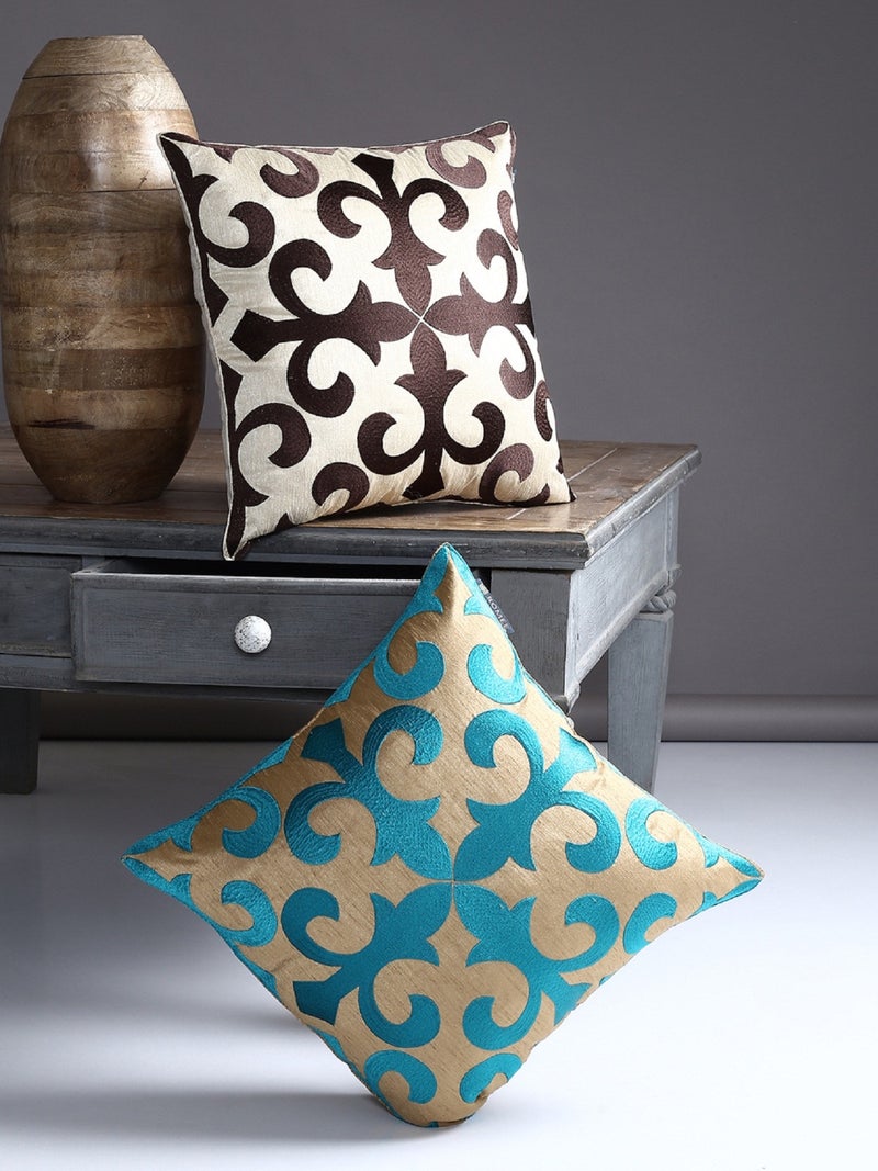 Embroidered Cushion Cover Set of 2 - Brown and Turquoise